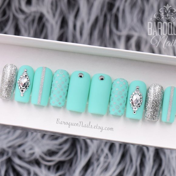 Designer Print Press-On Nails L V Collection Mint Handcrafted Gel Fake Nails - Picture 2 of 3